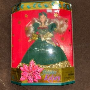 NIB holiday Kelsey doll wearing green and gold dress